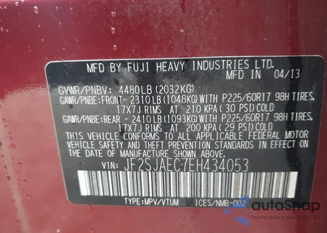 2014 Subaru Forester 2.5I Premium z USA, uszkodzony, nr VIN JF2SJAEC7EH434053